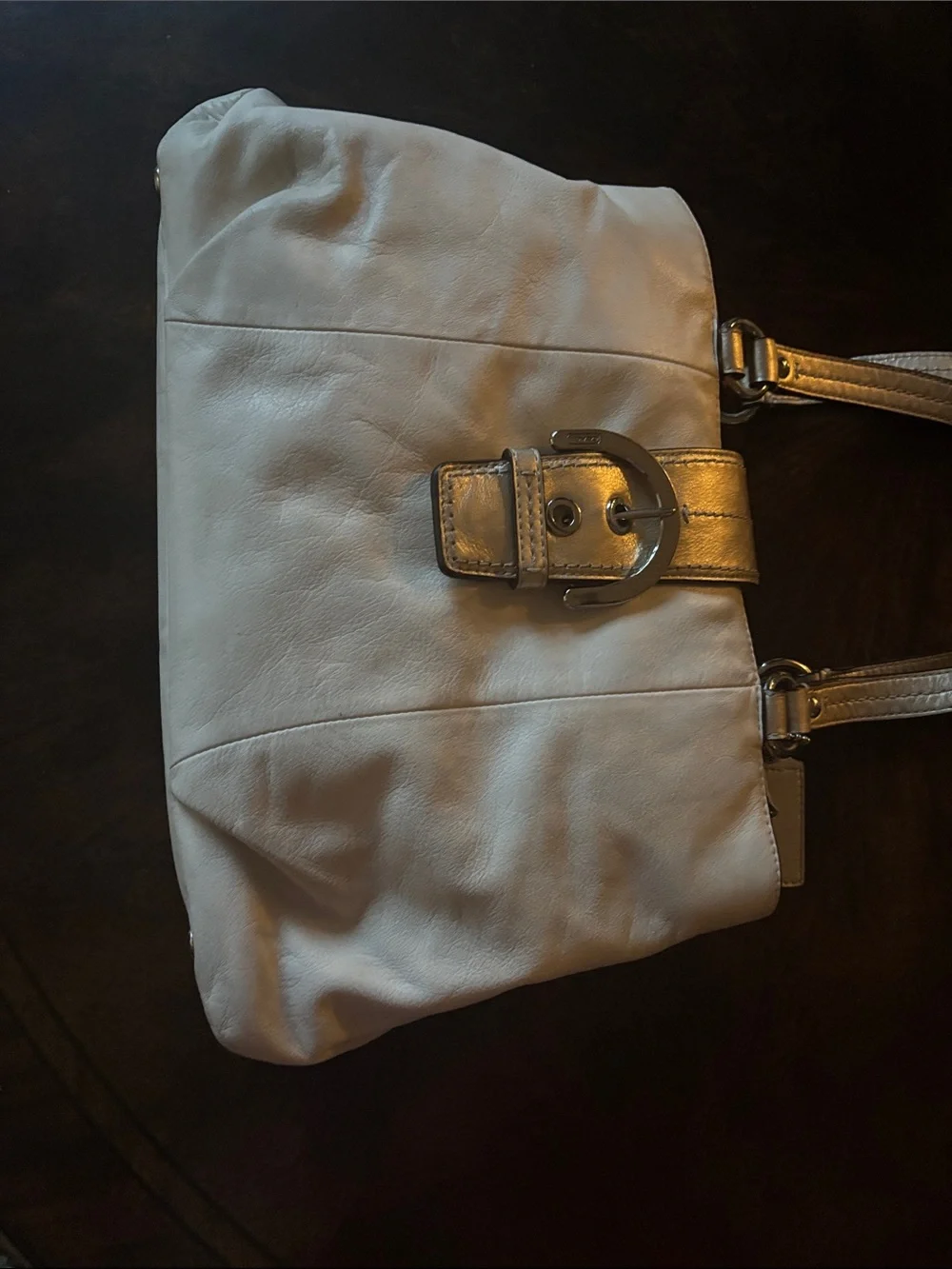 Coach Cream Leather Shoulder Bag with Silver Buckle